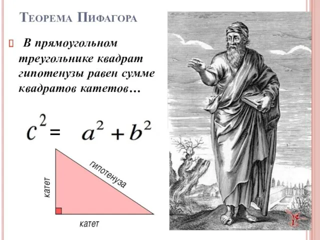 Теорема Пифагора В прямоугольном треугольнике квадрат гипотенузы равен сумме квадратов катетов… =