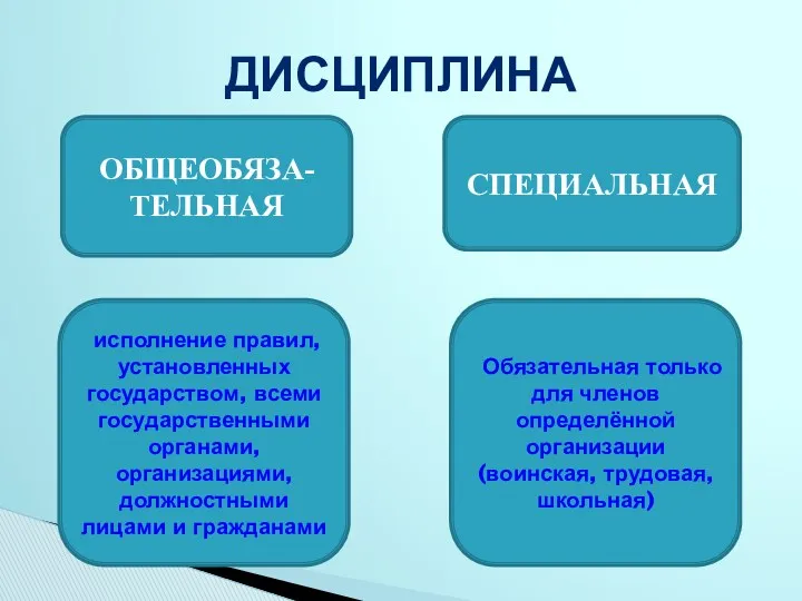 ОБЩЕОБЯЗА-ТЕЛЬНАЯ СПЕЦИАЛЬНАЯ ДИСЦИПЛИНА исполнение правил, установленных государством, всеми государственными органами,