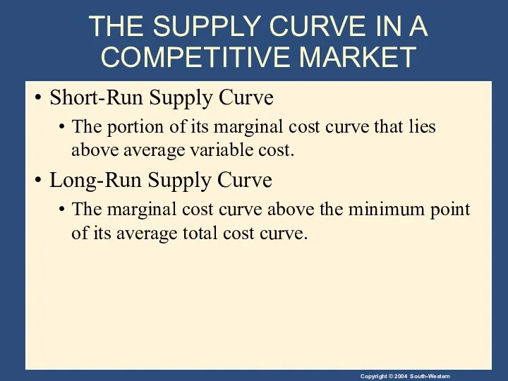 THE SUPPLY CURVE IN A COMPETITIVE MARKET Short-Run Supply Curve