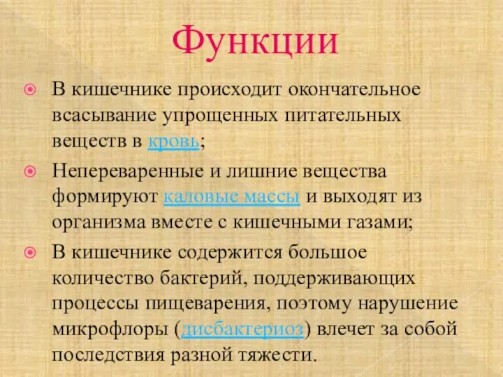 Функции В кишечнике происходит окончательное всасывание упрощенных питательных веществ в