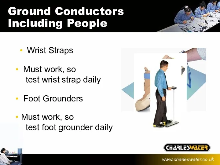 Wrist Straps Ground Conductors Including People Must work, so test wrist strap daily