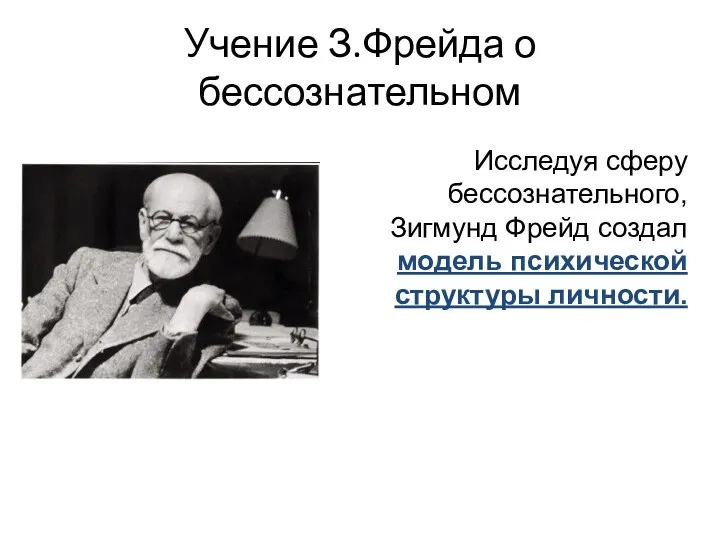 Учение З.Фрейда о бессознательном Исследуя сферу бессознательного, Зигмунд Фрейд создал модель психической структуры личности.