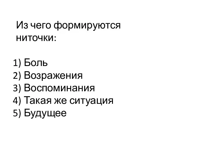 Из чего формируются ниточки: Боль Возражения Воспоминания Такая же ситуация Будущее