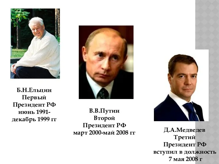Б.Н.Ельцин Первый Президент РФ июнь 1991-декабрь 1999 гг В.В.Путин Второй Президент РФ март