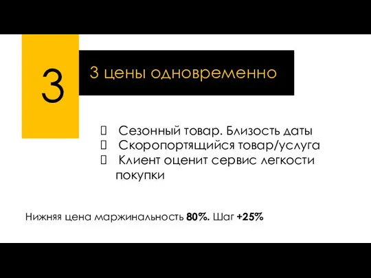 Нижняя цена маржинальность 80%. Шаг +25% 3 3 цены одновременно