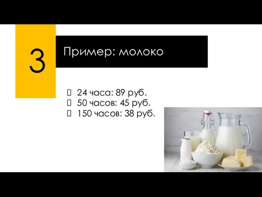 3 Пример: молоко 24 часа: 89 руб. 50 часов: 45 руб. 150 часов: 38 руб.