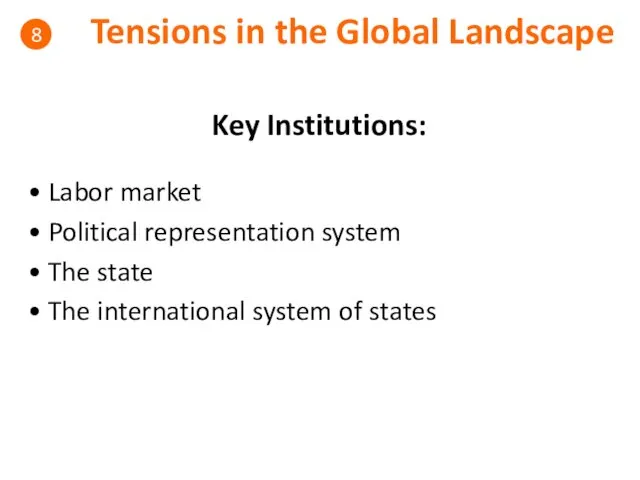 Tensions in the Global Landscape 8 Key Institutions: • Labor