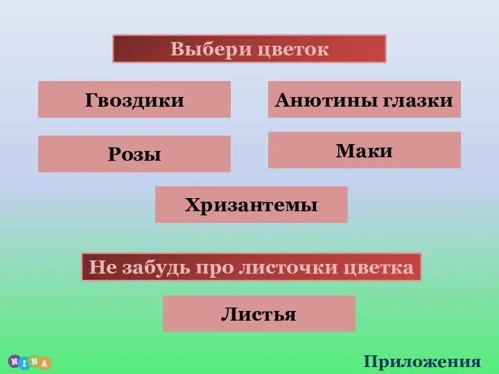 Выбери цветок Гвоздики Розы Хризантемы Анютины глазки Маки Листья Не забудь про листочки цветка Приложения