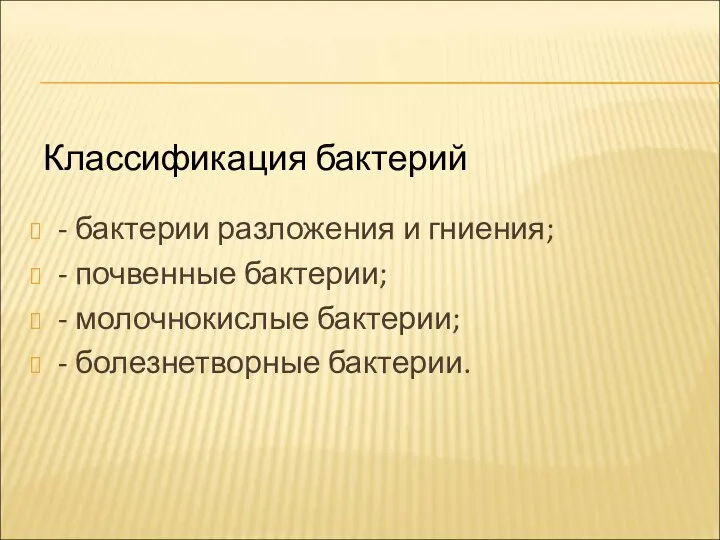 Классификация бактерий - бактерии разложения и гниения; - почвенные бактерии; - молочнокислые бактерии; - болезнетворные бактерии.