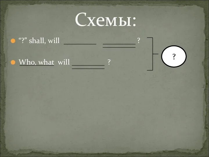 “?” shall, will ? Who, what will ? Схемы: ?