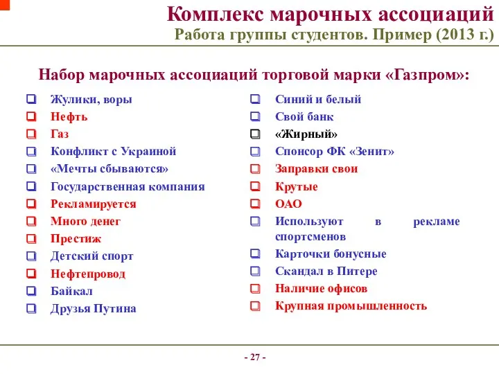 - - Комплекс марочных ассоциаций Работа группы студентов. Пример (2013