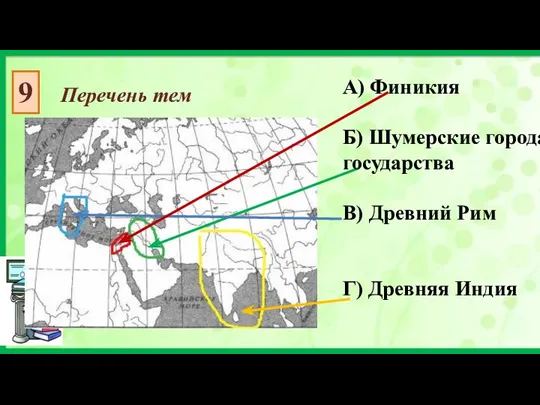 9 Перечень тем А) Финикия Б) Шумерские города-государства В) Древний Рим Г) Древняя Индия