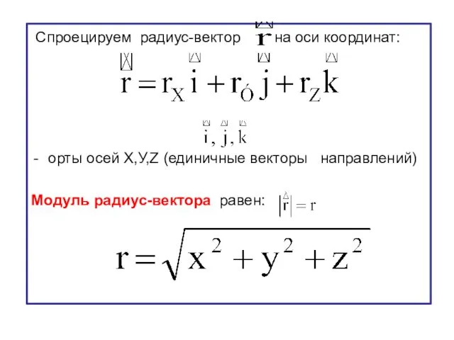 Спроецируем радиус-вектор на оси координат: орты осей Х,У,Z (единичные векторы направлений) Модуль радиус-вектора равен: