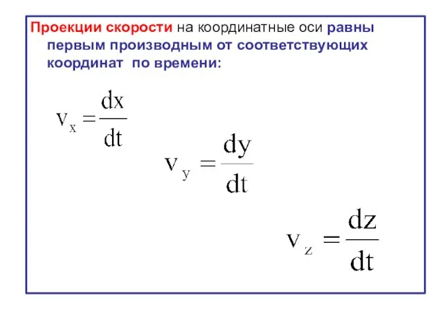 Проекции скорости на координатные оси равны первым производным от соответствующих координат по времени: