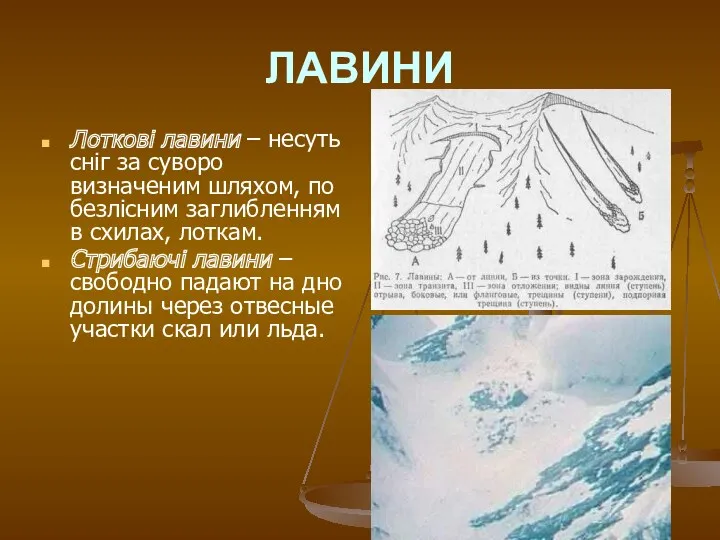 ЛАВИНИ Лоткові лавини – несуть сніг за суворо визначеним шляхом,