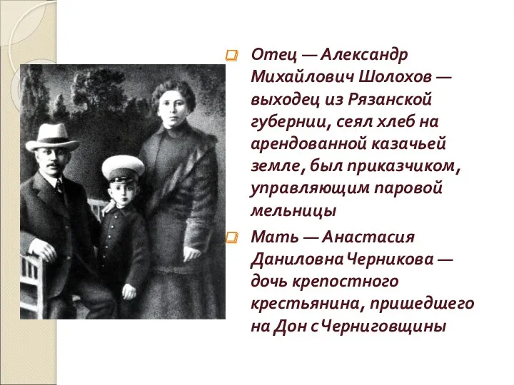Отец — Александр Михайлович Шолохов — выходец из Рязанской губернии, сеял хлеб на