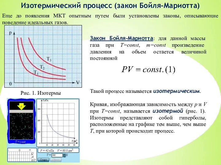 Закон Бойля-Мариотта: для данной массы газа при T=const, m=const произведение