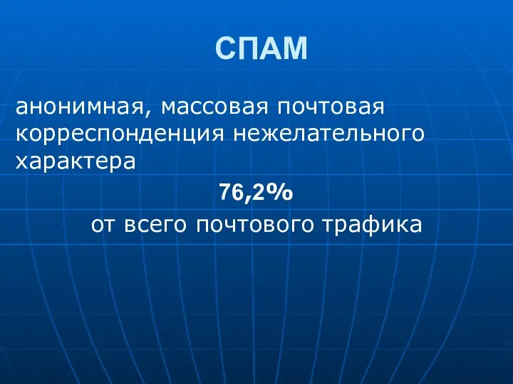 СПАМ анонимная, массовая почтовая корреспонденция нежелательного характера 76,2% от всего почтового трафика