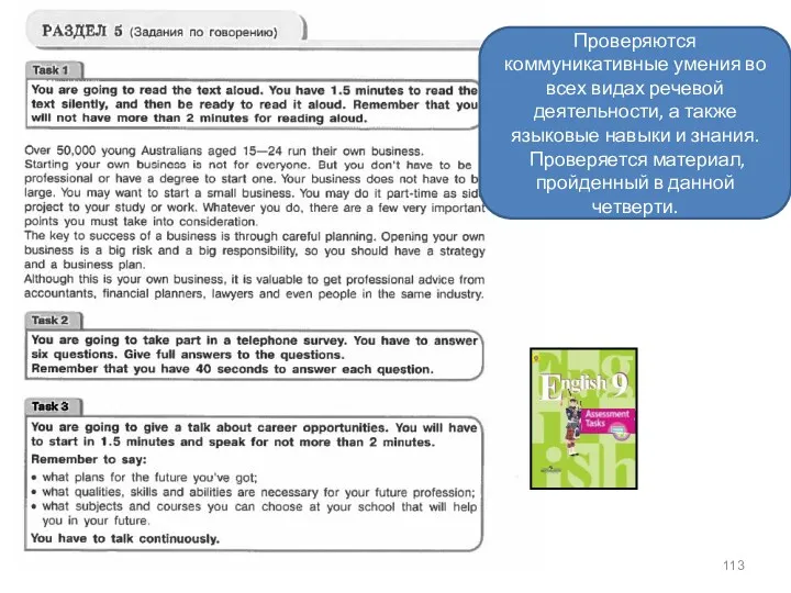 Проверяются коммуникативные умения во всех видах речевой деятельности, а также