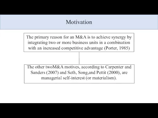 Motivation The primary reason for an M&A is to achieve synergy by integrating