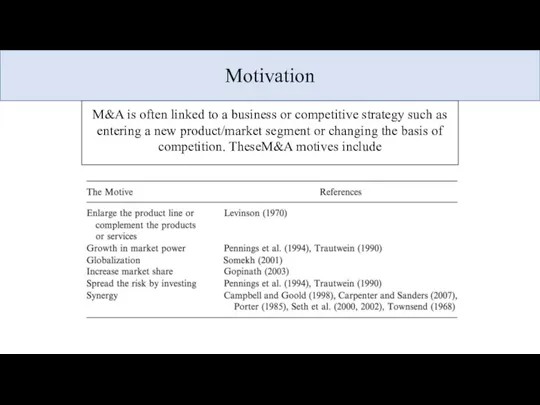Motivation M&A is often linked to a business or competitive strategy such as