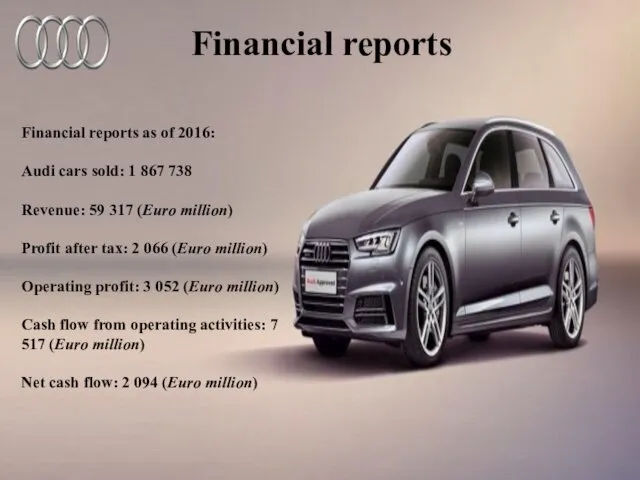 Financial reports Financial reports as of 2016: Audi cars sold: