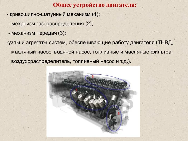 Общее устройство двигателя: кривошипно-шатунный механизм (1); - механизм газораспределения (2);