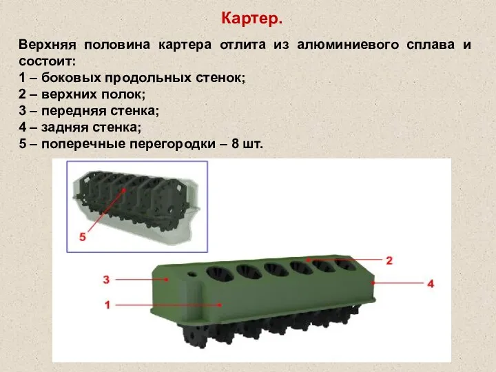 Картер. Верхняя половина картера отлита из алюминиевого сплава и состоит: