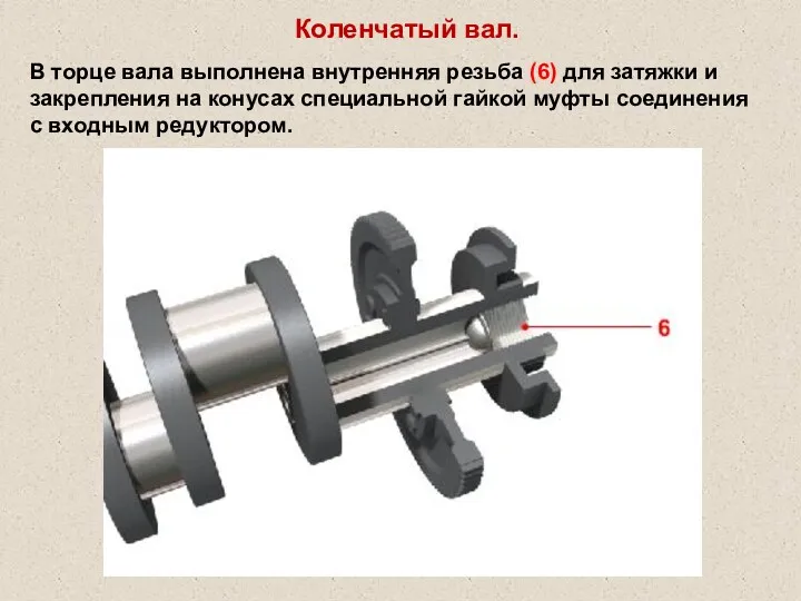 Коленчатый вал. В торце вала выполнена внутренняя резьба (6) для