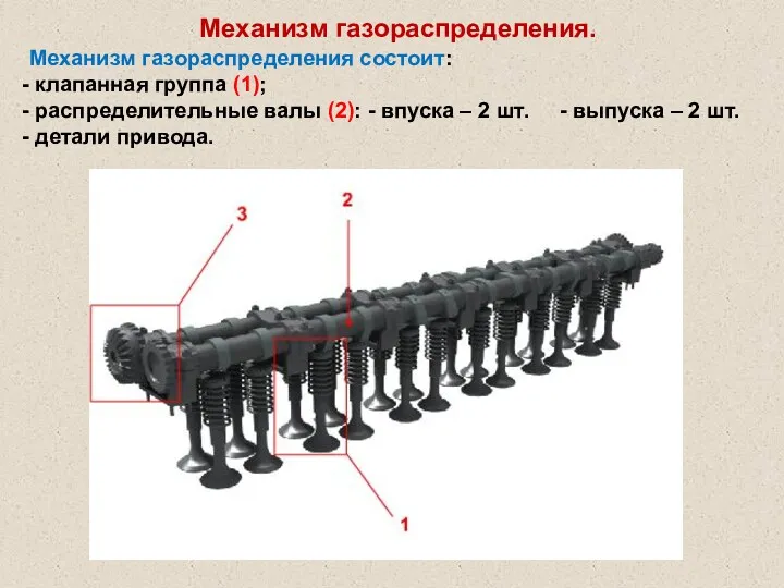 Механизм газораспределения. Механизм газораспределения состоит: клапанная группа (1); распределительные валы