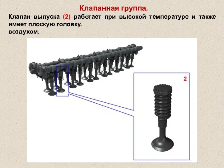 Клапанная группа. Клапан выпуска (2) работает при высокой температуре и также имеет плоскую головку. воздухом.