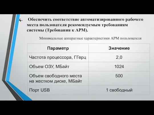 Обеспечить соответствие автоматизированного рабочего места пользователя рекомендуемым требованиям системы (Требования