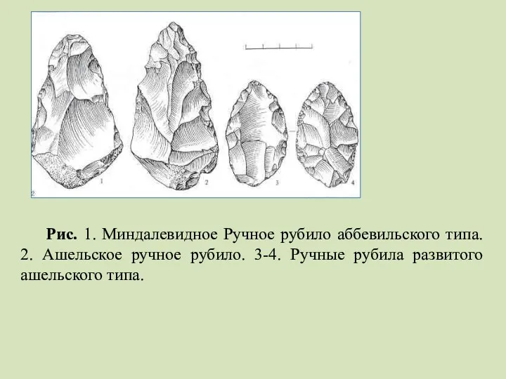 Рис. 1. Миндалевидное Ручное рубило аббевильского типа. 2. Ашельское ручное