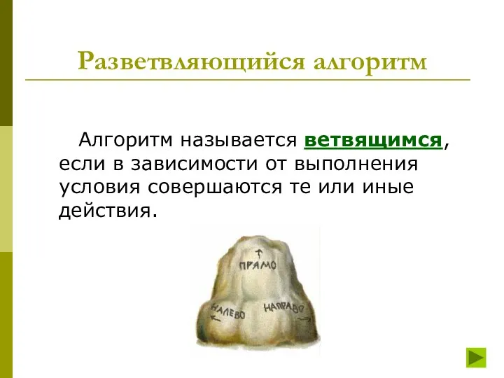 Разветвляющийся алгоритм Алгоритм называется ветвящимся, если в зависимости от выполнения условия совершаются те или иные действия.