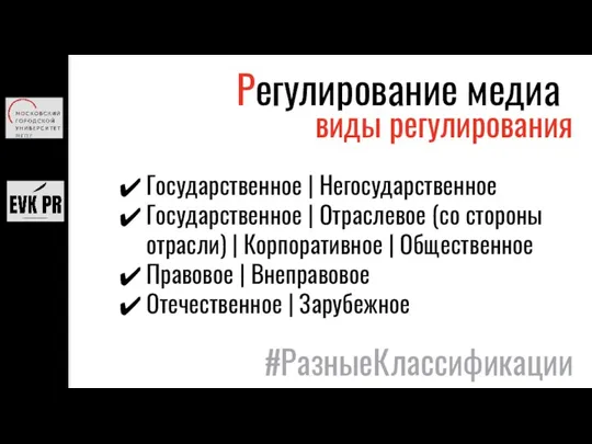 Регулирование медиа виды регулирования Государственное | Негосударственное Государственное | Отраслевое (со стороны отрасли)