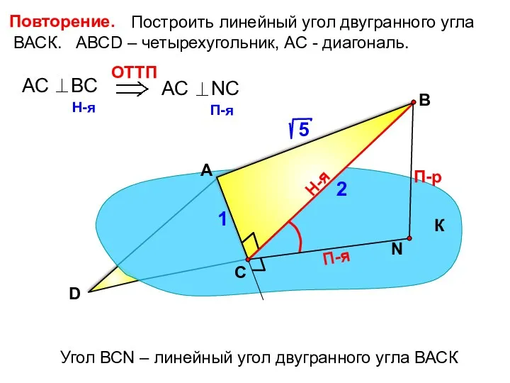 Построить линейный угол двугранного угла ВАСК. АВСD – четырехугольник, АС