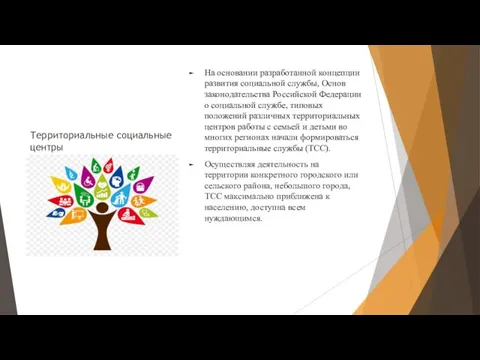 Территориальные социальные центры На основании разработанной концепции развития социальной службы, Основ законодательства Российской