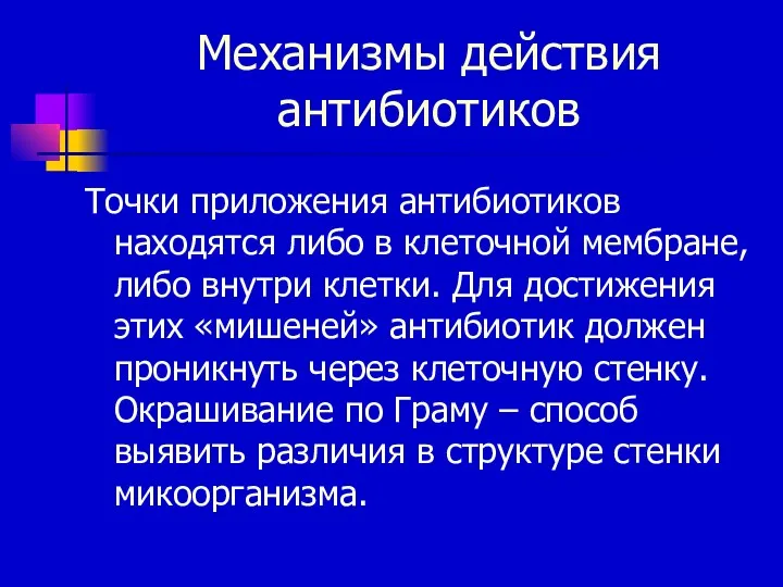 Механизмы действия антибиотиков Точки приложения антибиотиков находятся либо в клеточной