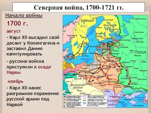 Северная война, 1700-1721 гг. Начало войны 1700 г. - Карл XII высадил свой