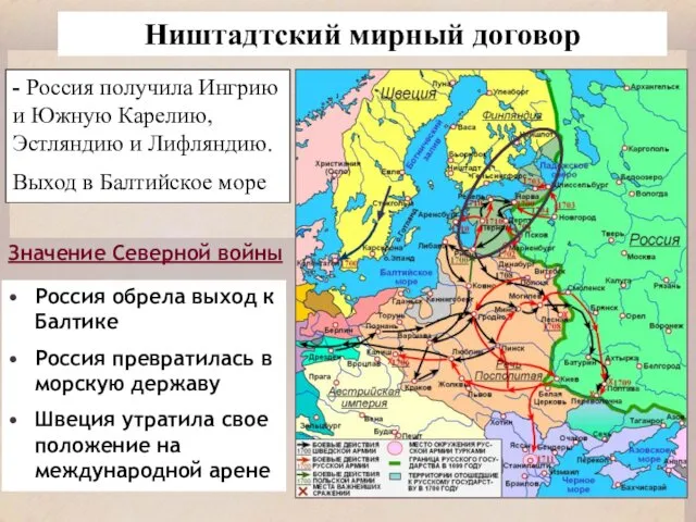 Ништадтский мирный договор - Россия получила Ингрию и Южную Карелию, Эстляндию и Лифляндию.