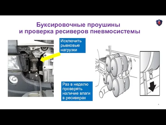 Буксировочные проушины и проверка ресиверов пневмосистемы Раз в неделю проверять