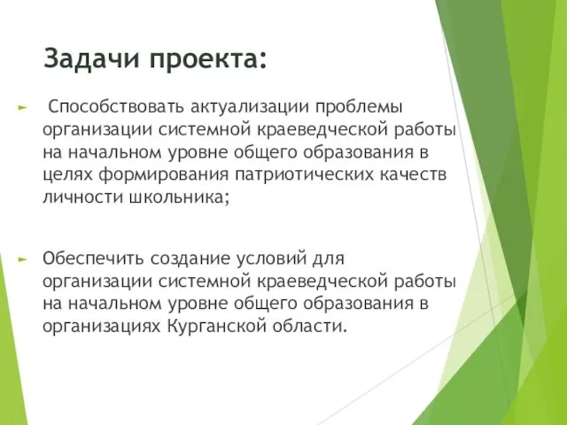 Задачи проекта: Способствовать актуализации проблемы организации системной краеведческой работы на начальном уровне общего