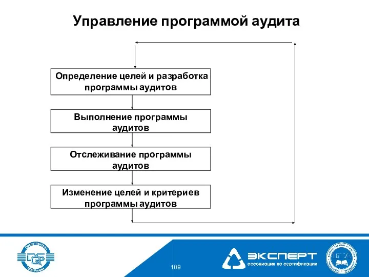 Управление программой аудита Определение целей и разработка программы аудитов Выполнение программы аудитов Отслеживание