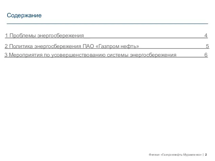 Содержание 2 Политика энергосбережения ПАО «Газпром нефть» 5 1 Проблемы