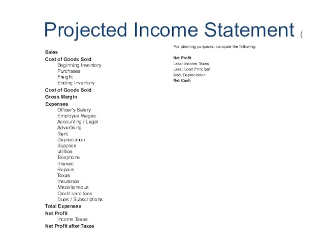 Projected Income Statement ( Sales Cost of Goods Sold Beginning