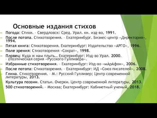 Основные издания стихов Погода: Стихи. – Свердловск: Сред. Урал. кн. изд-во, 1991. После