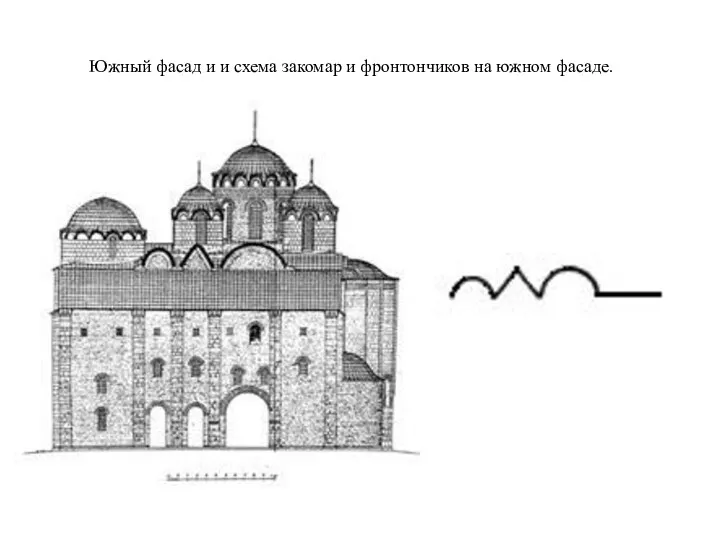 Южный фасад и и схема закомар и фронтончиков на южном фасаде.