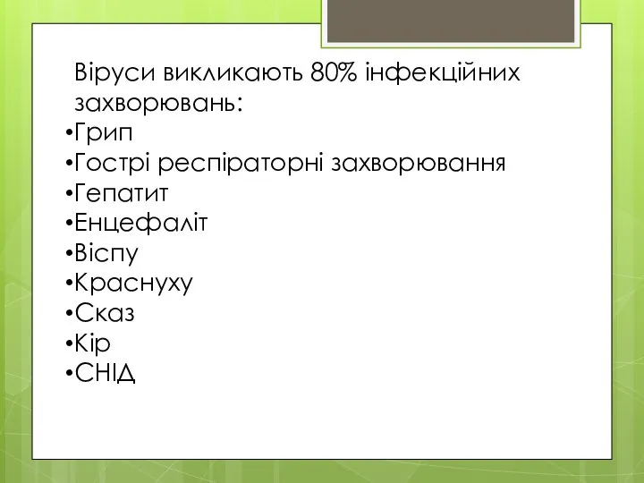 Віруси викликають 80% інфекційних захворювань: Грип Гострі респіраторні захворювання Гепатит Енцефаліт Віспу Краснуху Сказ Кір СНІД