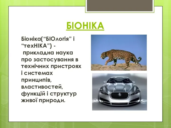 БІОНІКА Біоніка(“БІОлогія” і “техНІКА”) - прикладна наука про застосування в