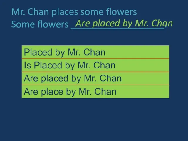 Mr. Chan places some flowers Some flowers __________________. Are placed by Mr. Chan